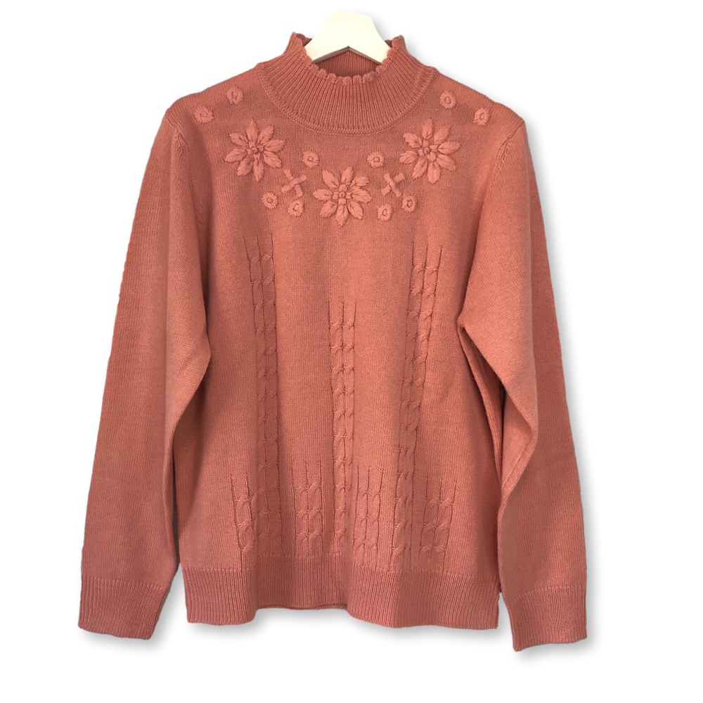 Salon Studio Pink Floral Embroidered Cable Knit Sweater Large